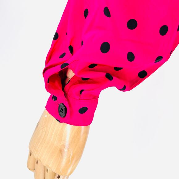 Vintage 80s Chaus Hot Pink Black Polka Dot Oversized Collar Blouse - Picture 4 of 6